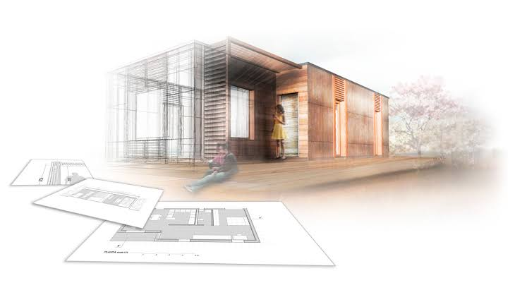Imagen referencial de diseño arquitectónico con planos y una vivienda